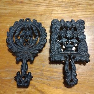 2 Mini Cast Iron Trivets Footed 5" Black Eagle Grapes Vintage